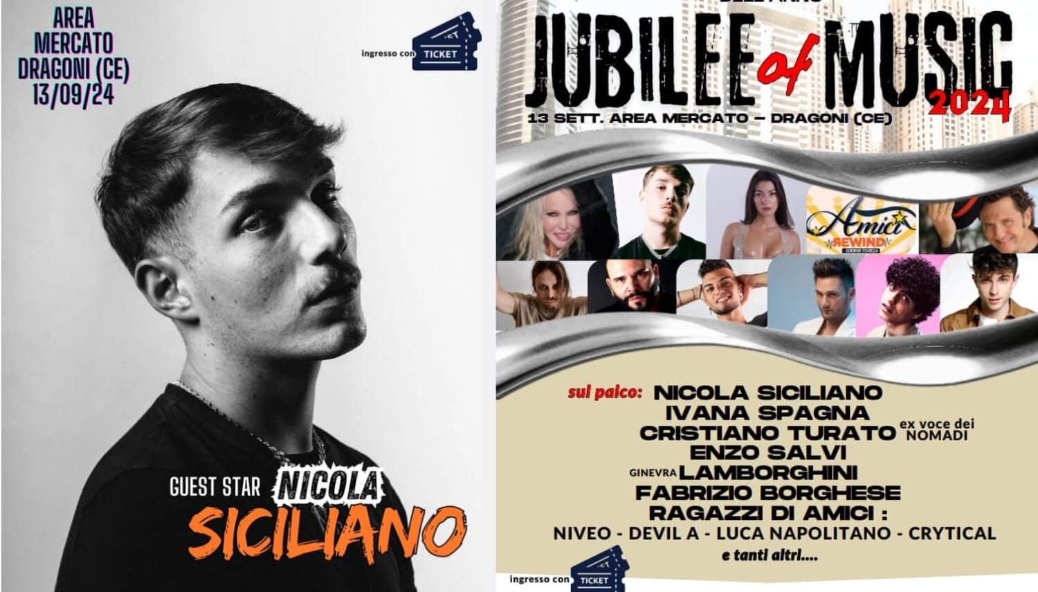 Nicola Siciliano live al Giubileo della Musica 2024 “Jubilee of Music” il 13 settembre a Dragoni Caserta Nicola Siciliano live al Giubileo della Musica 2024 “Jubilee of Music” il 13 settembre a Dragoni Caserta