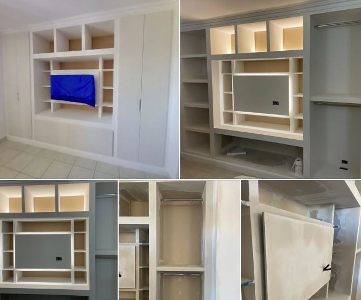 ANTE E CASSETTONI IN LEGNO, PARETE ATTREZZATA E PANNELLO TV RETROILLUMINATO