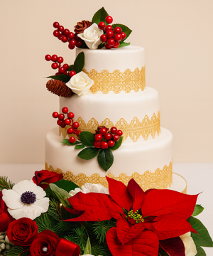 Torta invernale bianco e rossa con dettali pizzo oro 