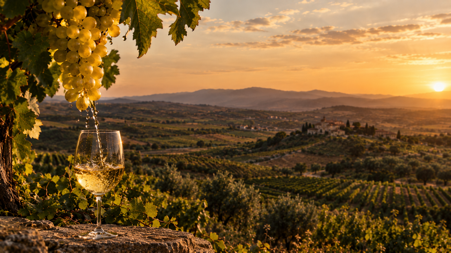 vigneto dorato al tramonto con calice di vino vigneto dorato al tramonto con calice di vino