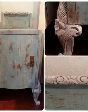 Mobile patinato a grassello di calce in stile shabby chic con particolari in bianco a contrasto