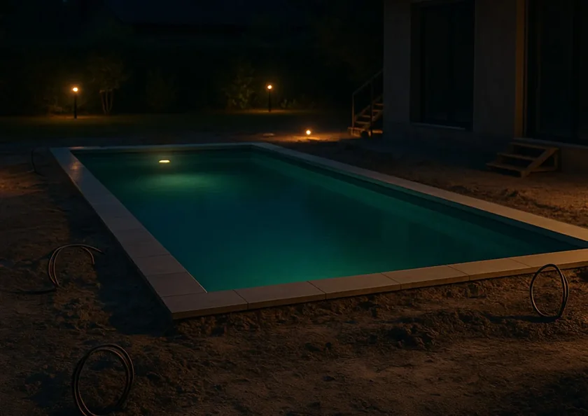 Predisposizione impianto audio per esterni in giardino con piscina con corrugati per diffusione sonora outdoor