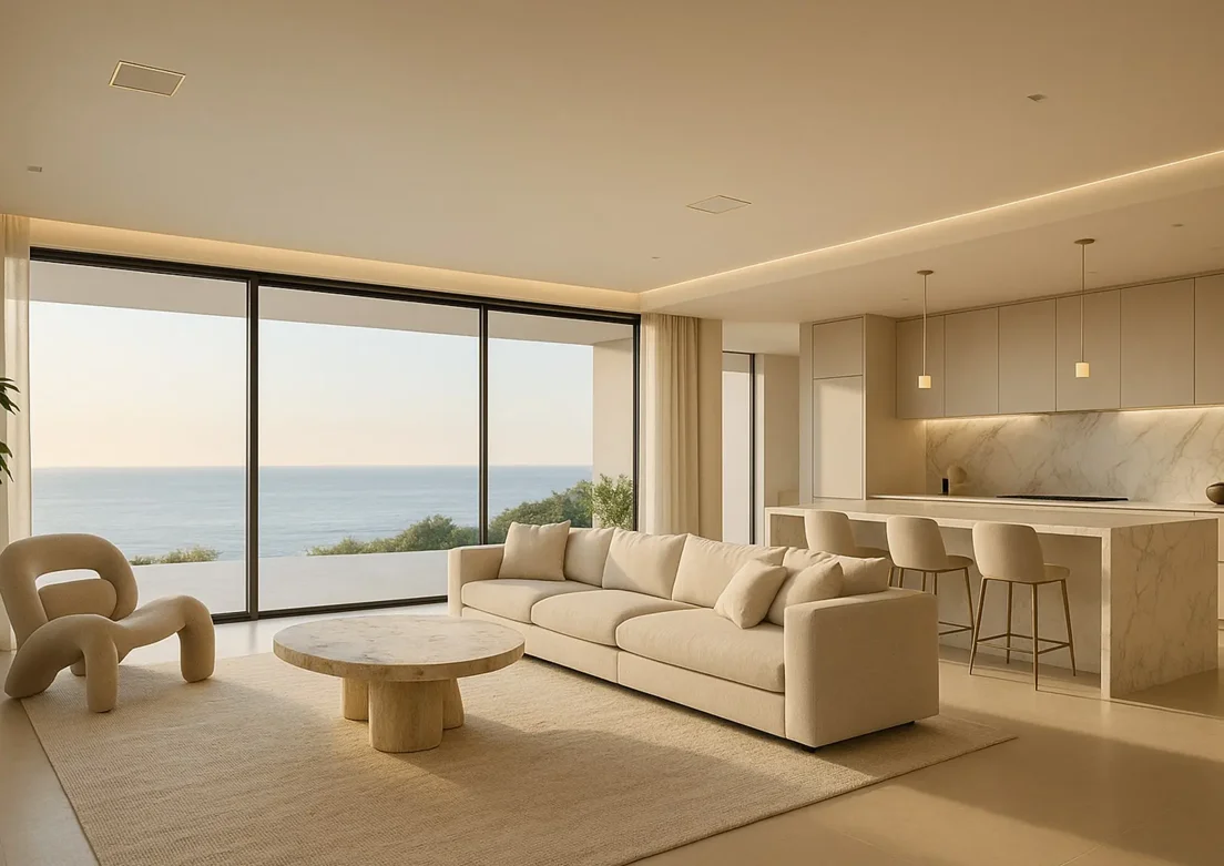 Sistema di diffusione sonora multiroom con diffusori da incasso a soffitto in soggiorno open space moderno