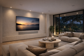 soggiorno con sistema home theater e soundbar integrata nella parete