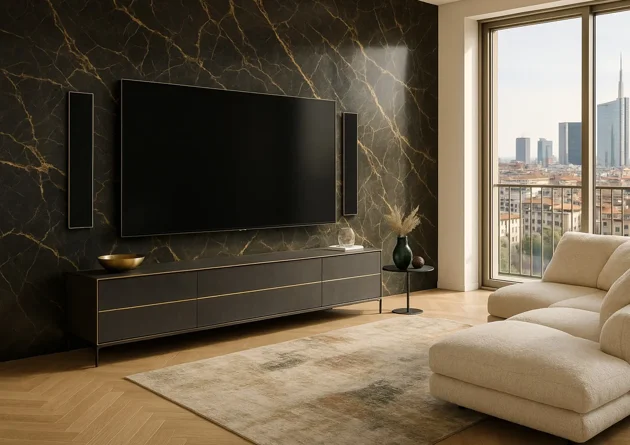 Home theater di design in appartamento moderno con parete TV in marmo e diffusori da incasso su misura con tela nera e dettagli oro