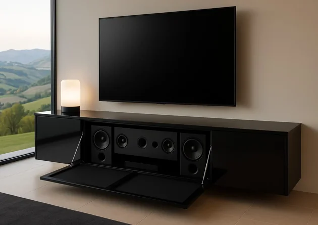 Home theater su misura con diffusori e componenti audio-video integrati nel mobile sotto la TV