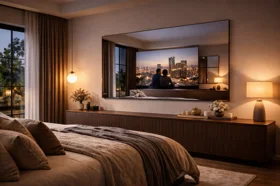 TV a specchio integrata in camera da letto con design minimale TV a specchio integrata in camera da letto con design minimale