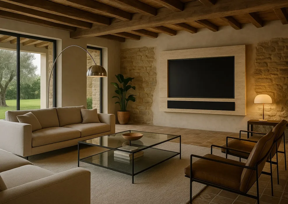 Home theater su misura in casale ristrutturato con TV e soundbar integrata in parete con cornice in marmo