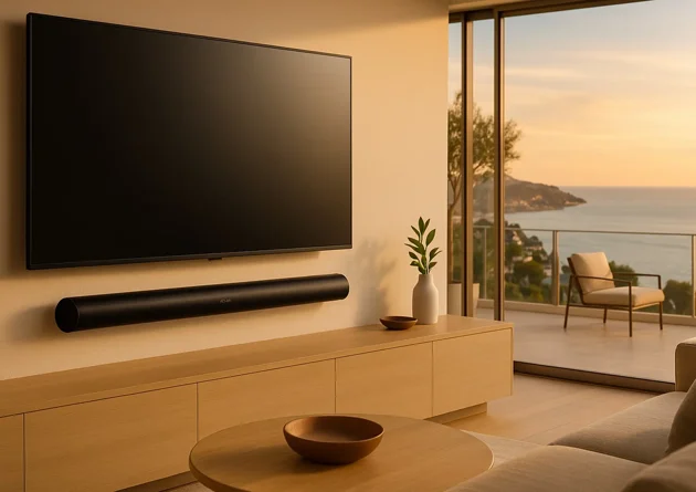 Sonos Arc Ultra sotto TV in configurazione home theater Sonos per cinema in casa con audio Dolby Atmos