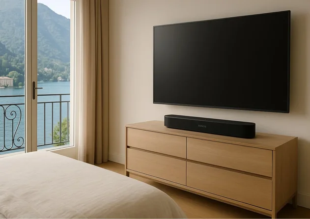 Sistema audio multiroom Sonos con soundbar Sonos Beam sotto TV in camera da letto moderna