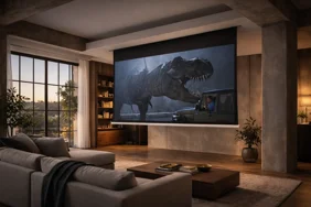 Telo di videoproiezione motorizzato a scomparsa in controsoffitto di loft moderno Telo di videoproiezione motorizzato a scomparsa in controsoffitto di loft moderno