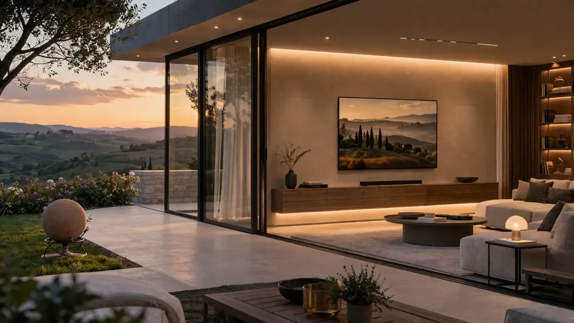 Integrazione audio video in casa moderna con ambienti interni ed esterni progettati Integrazione audio video in casa moderna con ambienti interni ed esterni progettati