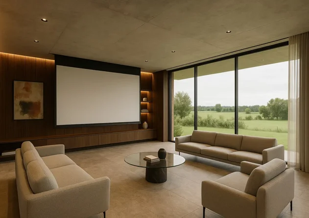Cinema in casa con videoproiettore e telo motorizzato a incasso nel soffitto in villa di design