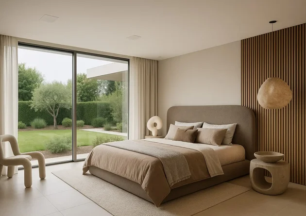 Impianto audio multiroom con diffusori da incasso a soffitto in camera da letto di villa moderna