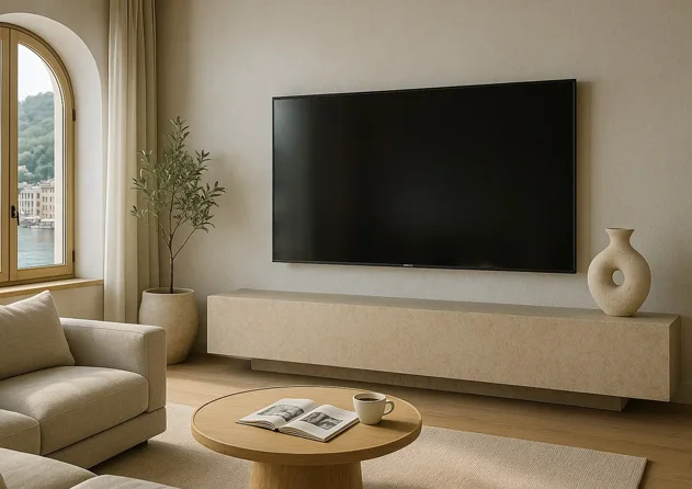 TV a parete in salotto di design per impianto home theater e cinema in casa