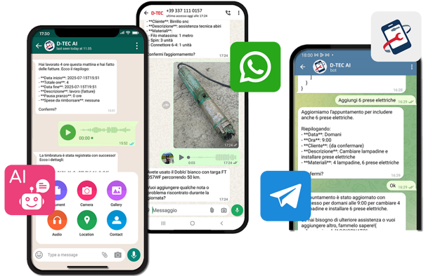 Rapportini e timbrature da Whatsapp, Telegram e ChatAI di D-TEC con Intelligenza Artificiale