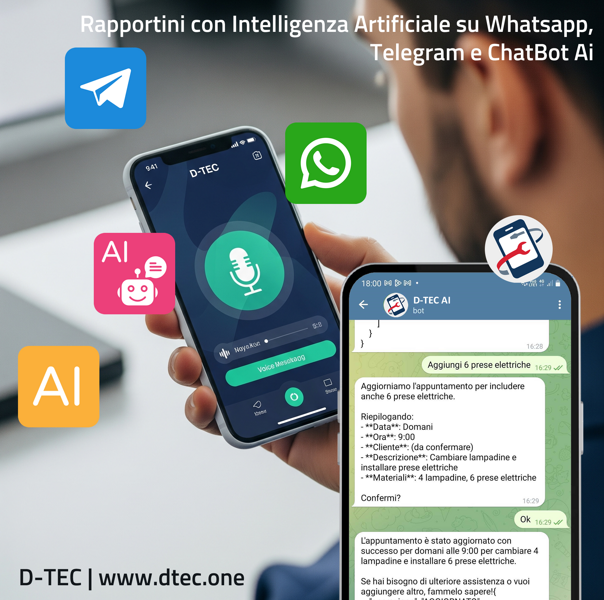 Rapportini con AI su WhatsApp collegati a D-TEC, Rapportini di cantiere e manutenzione via WhatsApp