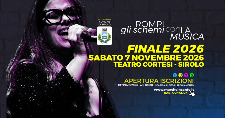 slide di presentazione per apertura iscrizioni anno 2026 rompi gli schemi con la musica,festival sotto il conero,sotto il conero,gianluca berti,walter fontana,ancona,premio gabriella ferri,claudio starnone