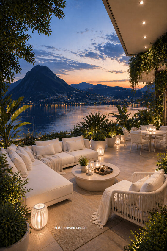 Luxury lake view terrace designed by Interior Designer Elisa Berger
