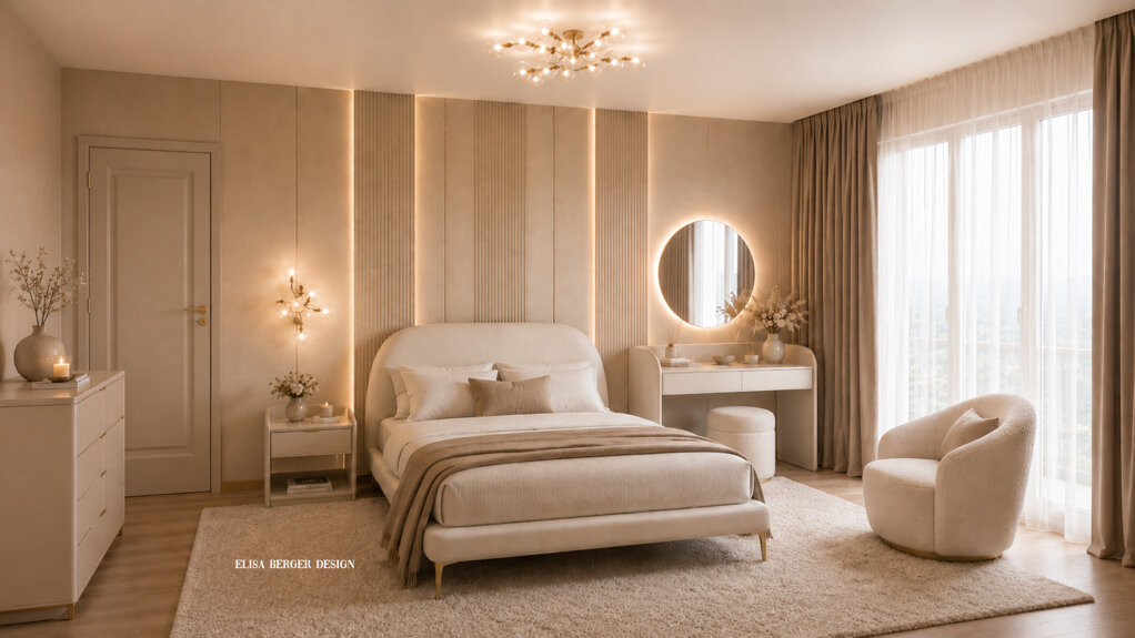 Luxury master bedroom project in Lugano designed by Interior Designer Elisa Berger featuring custom interior design for him and her suites