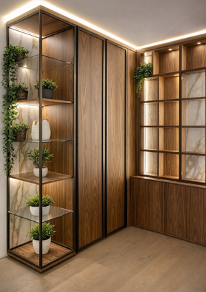 Luxury custom residence with walnut wood and marble interiors designed by Interior Designer Elisa Berger in Lugano