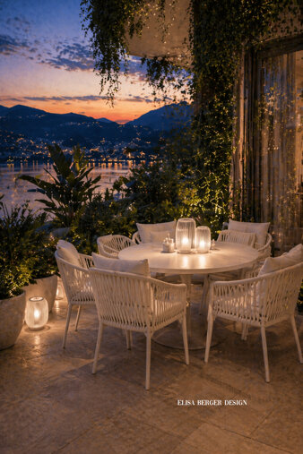 Luxury lake view terrace designed by Interior Designer Elisa Berger