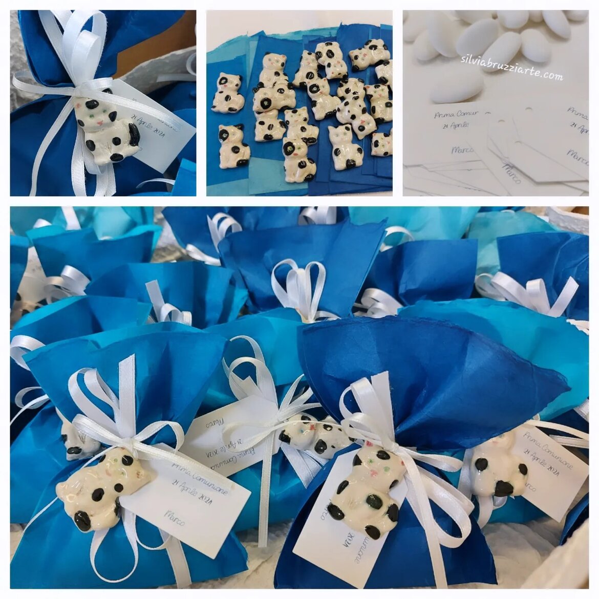 Marco ha scelto i gattini in ceramica bianchi e neri con sacchetto blu e nastri bianchi e tag Marco ha scelto i gattini in ceramica bianchi e neri con sacchetto blu e nastri bianchi e tag