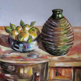 CESTINO DI LIMONI E FIASCO DI VINO Acrilico su tela - 2001 - 40x60