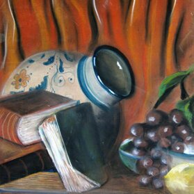VASO CON LIBRI creta colorata su MDF -1998 - 35x55