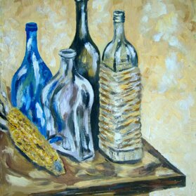 BOTTIGLIE CON PANNOCCHIA olio su tavola - 1999 - 40x60