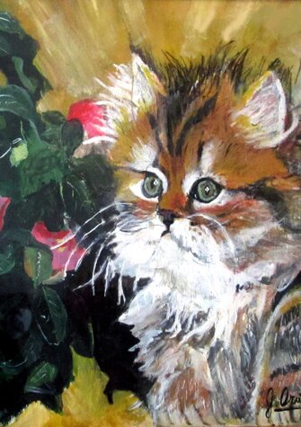 IL GATTO E LE ROSE tempera su tela - 1994 - 40x50