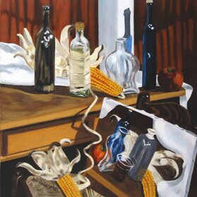 BOTTIGLIE CON TELA DIPINTA SU SEDIA olio su tela - 1996 - 60x80