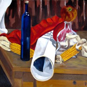 MELA SU BOTTIGLIA DI VETRO olio su cartone telato - 1996 - 40x50