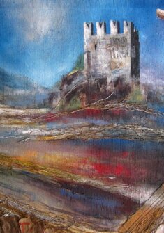 CASTELLO NELLA NEBBIA tecnica mista su sacco - 2015 - 90x120