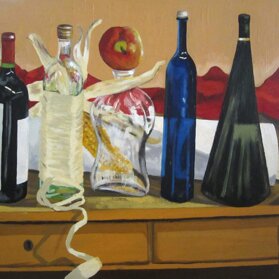 ALLINEAMENTO DI BOTTIGLIE olio su tavola - 1996 - 40x60