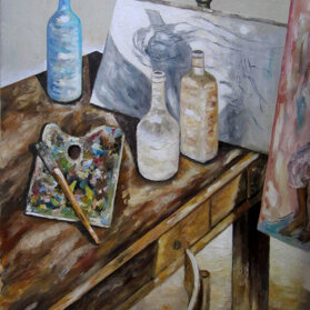 NATURA MORTA CON BOTTIGLIE olio su tela - 1999 - 60 x 80
