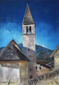LA CHIESA DI PIAZZO tecnica mista su sacco -2015 - 60x80