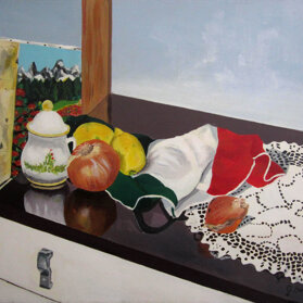 CIPOLLA CON LIMONI SU TAVOLOZZA Acrilico su tela - 1996 - 50x60