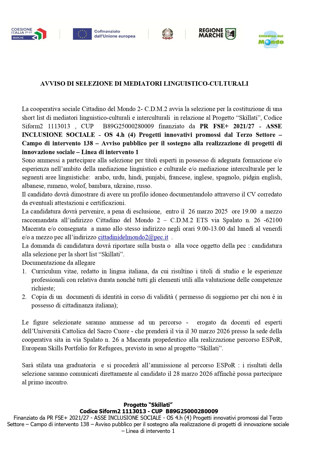 AVVISO DI SELEZIONE MEDIATORI LINGUISTICO-CULTURALI