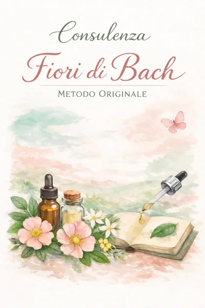 acquerello con boccettini di fiori di Bach e contagocce su sfondo naturale