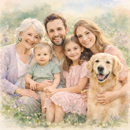 Acquerello che rappresenta una nonna, due genitori, un bimbo e una bambina con un Golden Retriver