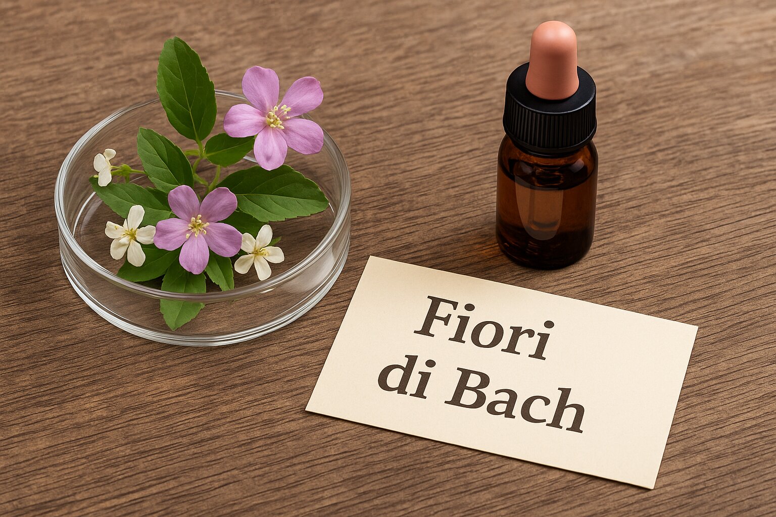 Floriterapia con i Fiori di Bach Contagocce, fiori e scritta fiori di Bach, foto.