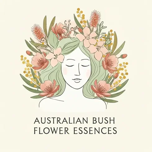 Volto di donna con il capo circondato da fiori australiani