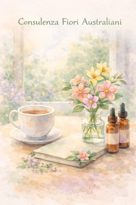 acquerello con tazza, vaso di fiori colorati e 2 bottiglini contagocce su tavolo di legno chiaro