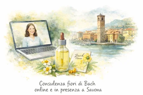 Pc , fiori di Bach in bottiglino e panorama in acquerello di Savona