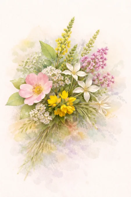 composizione di fiori di Bach dai colori gialli, rosa e bianchi composizione di fiori di Bach dai colori gialli, rosa e bianchi