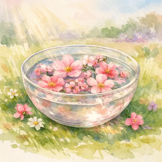 Acquerello raffigurante una ciotola di vetro con corolle di fiori rosa deposti in acqua