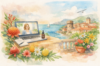 Immagine acquerello con fiori australiani, sfondo stile paesaggio ligure e PC con video e bottiglino con contagocce