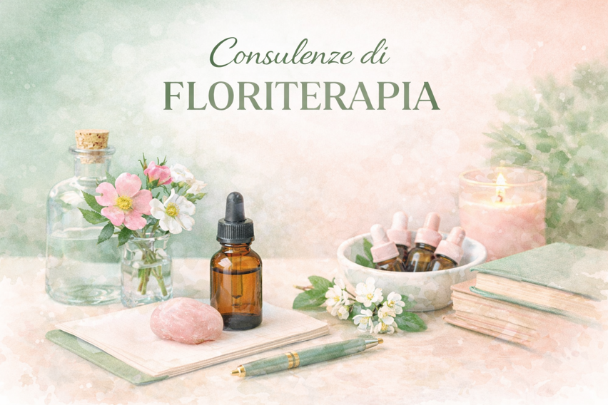 Bottiglini di fiori di Bach su tavolo con penna e libri Bottiglini di fiori di Bach su tavolo con penna e libri