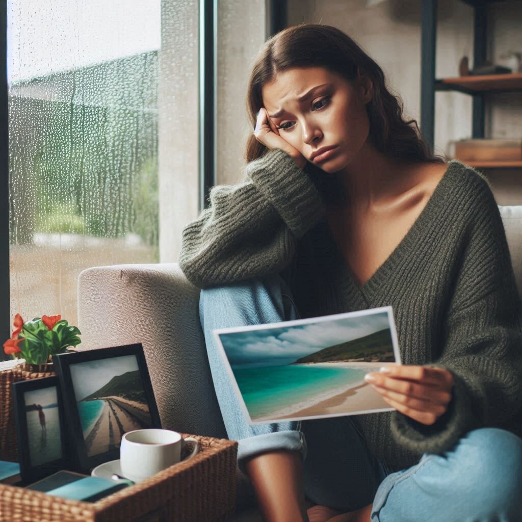 Donna malinconica che guarda le foto delle vacanze mentre fuori piove, foto.
